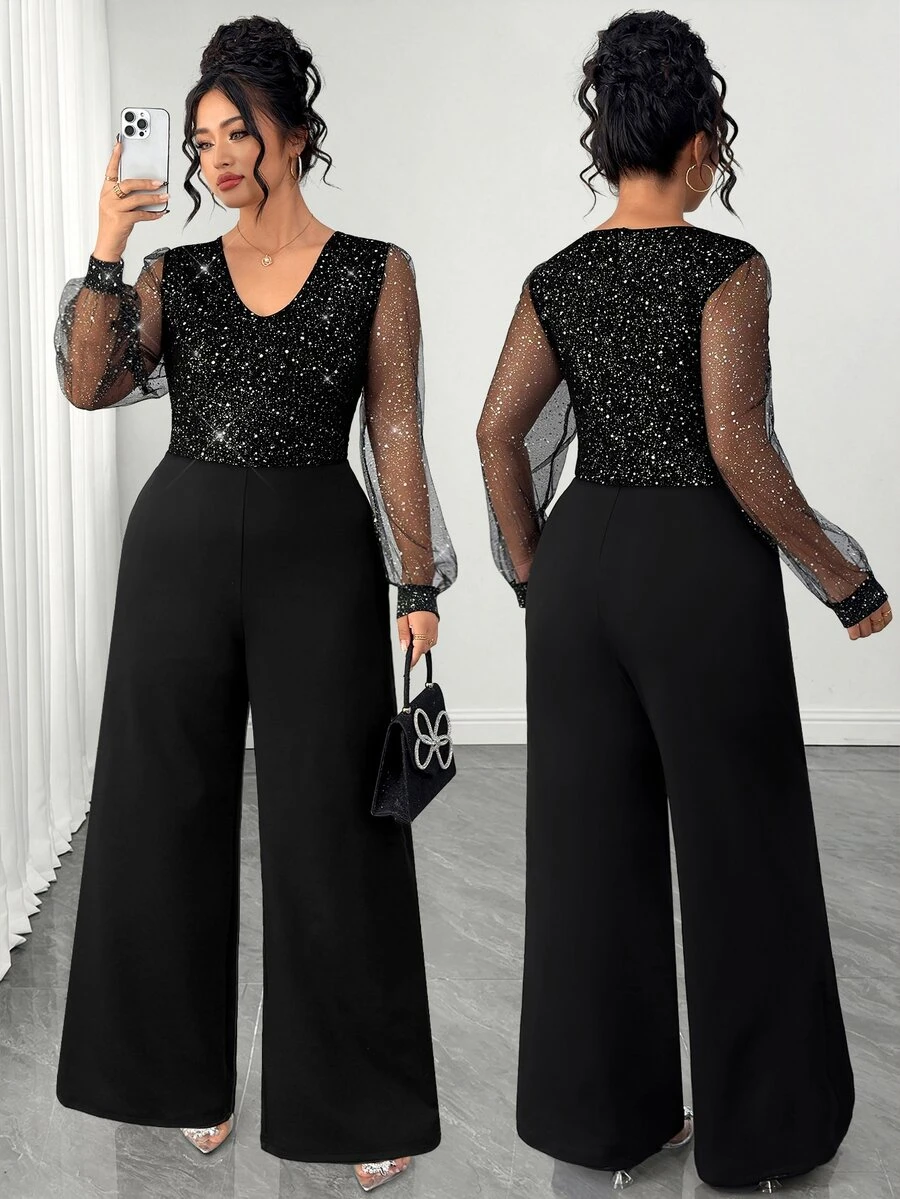 Elenzga 2026 Plus Size Women's Autumn Sequined Luxurious And Elegant Mesh Jumpsuit, Suitable For Cocktail Parties, Formal Occasions, And Banquets, In Black. - Black - View 1