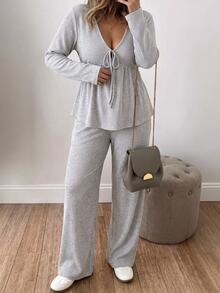 Weeklong Women's Plus Size Autumn Long Sleeve V-Neck Bowknot Knit Ribbed Brushed 2 Pieces Set Fall - Grey - View 2