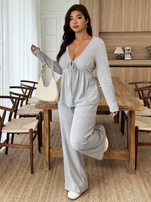 Weeklong Women's Plus Size Autumn Long Sleeve V-Neck Bowknot Knit Ribbed Brushed 2 Pieces Set Fall - Grey - View 6