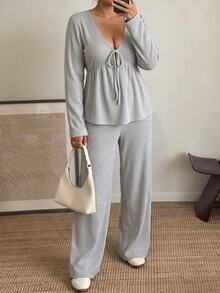 Weeklong Women's Plus Size Autumn Long Sleeve V-Neck Bowknot Knit Ribbed Brushed 2 Pieces Set Fall - Grey - View 3