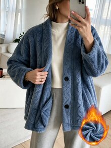 Louniche Women's Autumn/Winter Casual Home Plush Drop Shoulder Loose Slouchy Regular Jacket Suitable For Home, Commuting And Outings - Blue - View 4