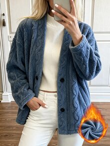 Louniche Women's Autumn/Winter Casual Home Plush Drop Shoulder Loose Slouchy Regular Jacket Suitable For Home, Commuting And Outings - Blue - View 5