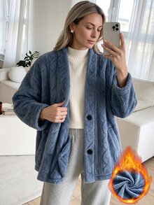 Louniche Women's Autumn/Winter Casual Home Plush Drop Shoulder Loose Slouchy Regular Jacket Suitable For Home, Commuting And Outings - Blue - View 1