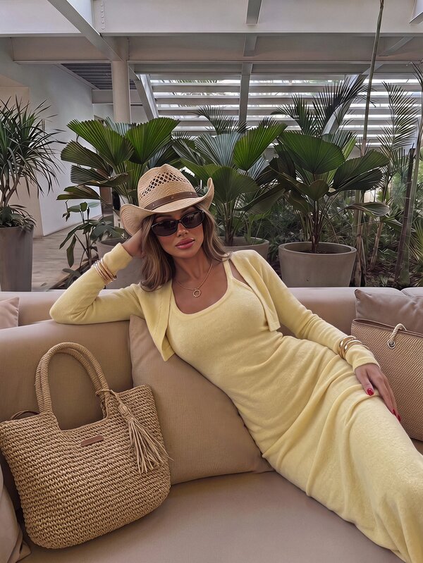 Autumina Women's Cream Yellow Fashion Sexy Slim Fit Long Dress, Date Daily Commute Outfit, Autumn/Winter Sweater 2 Pieces Set