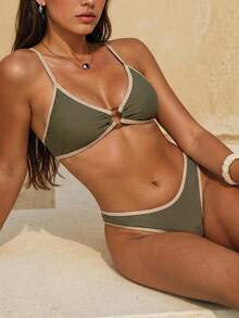 SHEIN Swim Color Block Spaghetti Strap Bikini Set Bathing Suit For Summer Beach Or Pool - Army Green - View 4