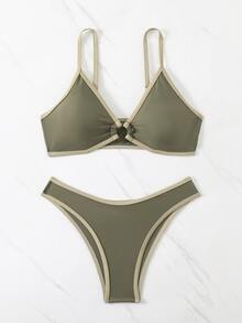 SHEIN Swim Color Block Spaghetti Strap Bikini Set Bathing Suit For Summer Beach Or Pool - Army Green - View 9