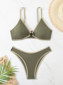 SHEIN Swim Color Block Spaghetti Strap Bikini Set Bathing Suit For Summer Beach Or Pool - Army Green - View 5