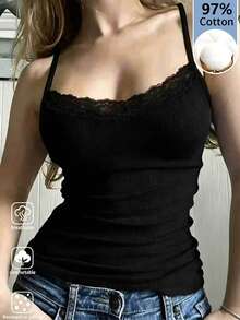 SHEIN Women's Spaghetti Strap Lace Trim Solid Color Camisole - Black - View 1