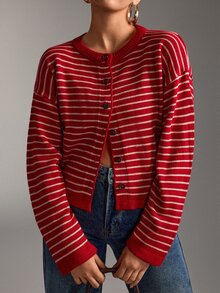 SHEIN Women's Red And White Stripe Knitted Cardigan Round Neck Brunch School Autumn Winter Casual French Preppy Office - Red - View 9