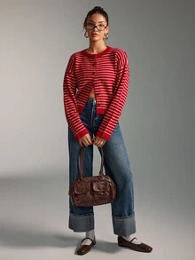 SHEIN Women's Red And White Stripe Knitted Cardigan Round Neck Brunch School Autumn Winter Casual French Preppy Office - Red - View 10