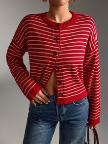 SHEIN Women's Red And White Stripe Knitted Cardigan Round Neck Brunch School Autumn Winter Casual French Preppy Office - Red - View 5