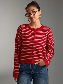 SHEIN Women's Red And White Stripe Knitted Cardigan Round Neck Brunch School Autumn Winter Casual French Preppy Office - Red - View 6