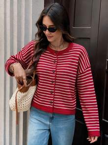 SHEIN Women's Red And White Stripe Knitted Cardigan Round Neck Brunch School Autumn Winter Casual French Preppy Office - Red - View 4