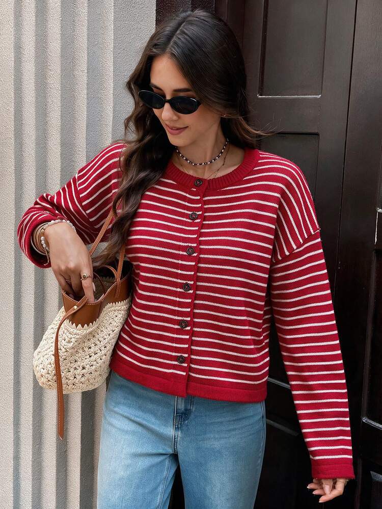 SHEIN Women's Red & Pink Striped Knitted Cardigan Round Neck - الأحمر - مشاهدة 3