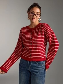 SHEIN Women's Red And White Stripe Knitted Cardigan Round Neck Brunch School Autumn Winter Casual French Preppy Office - Red - View 7