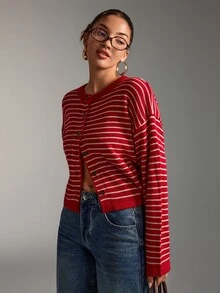 SHEIN Women's Red And White Stripe Knitted Cardigan Round Neck Brunch School Autumn Winter Casual French Preppy Office - Red - View 8