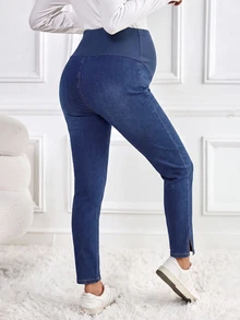 SHEIN 孕婦休閒水洗修身牛仔褲 女款牛仔女孩風鄉村風辦公穿搭 - 藍色 - 查看 3