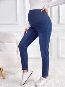 SHEIN 孕婦休閒水洗修身牛仔褲 女款牛仔女孩風鄉村風辦公穿搭 - 藍色 - 查看 7