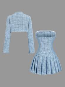 Sweetra Elegant Girl Style Faux Pearl Button Bandeau Dress With Short Jacket 2-Piece Set, Fashion Party Princess Style - Blue - View 4