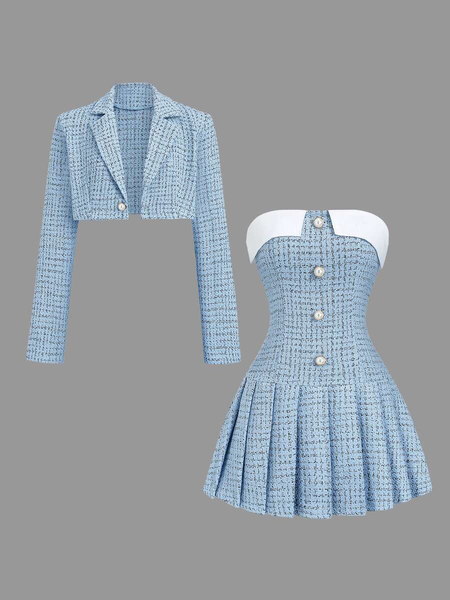Sweetra Elegant Girl Style Faux Pearl Button Bandeau Dress With Short Jacket 2-Piece Set, Fashion Party Princess Style - Blue - View 1