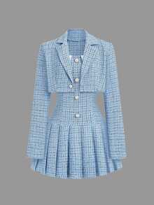 Sweetra Elegant Girl Style Faux Pearl Button Bandeau Dress With Short Jacket 2-Piece Set, Fashion Party Princess Style - Blue - View 3