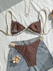 Swim Mod 女士复古波点印花拼接泳装，复古荷叶边挂脖比基尼套装，抽绳腰带，时尚休闲沙滩度假性感甜美可爱 - 彩色 - 查看 3