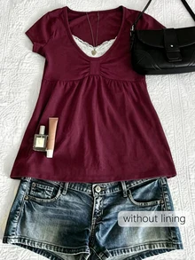 IslaSuriya Women's Lace Patchwork Pleated Casual Versatile Daily Wear T-Shirt - Burgundy - View 1