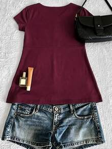 IslaSuriya Women's Lace Patchwork Pleated Casual Versatile Daily Wear T-Shirt - Burgundy - View 2