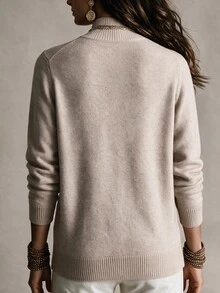 SHEIN LUNE 女款復古優雅休閒V領麻花編織針織衫，半高領羅紋設計，百搭層次穿搭上衣，適合日常通勤、約會與秋季工作 - 杏色 - 查看 2