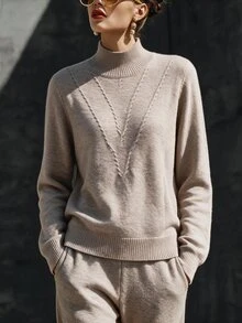 SHEIN LUNE 女款復古優雅休閒V領麻花編織針織衫，半高領羅紋設計，百搭層次穿搭上衣，適合日常通勤、約會與秋季工作 - 杏色 - 查看 4