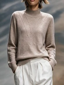 SHEIN LUNE 女款復古優雅休閒V領麻花編織針織衫，半高領羅紋設計，百搭層次穿搭上衣，適合日常通勤、約會與秋季工作 - 杏色 - 查看 3