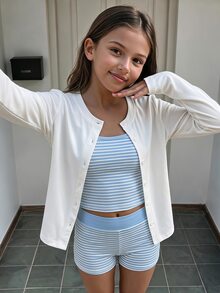 Girls (Big) Casual All-Match Versatile Daily Wear Seasonal Transition Outfit Open Front Jacket, Fitted Tank Top And Loose Shorts Yellow Striped 3 Pieces Set - Multicolor - View 1