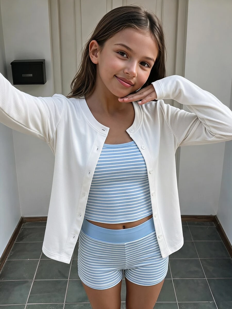 Girls (Big) Casual All-Match Versatile Daily Wear Seasonal Transition Outfit Open Front Jacket, Fitted Tank Top And Loose Shorts Yellow Striped 3 Pieces Set - Multicolor - View 1