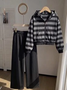 SHEIN 青少年女孩秋季穿搭上衣2件套，拉鍊連帽衫配寬腿黑色長褲，復古寬鬆針織休閒風 - 彩色 - 查看 8