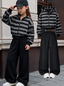 SHEIN 青少年女孩秋季穿搭上衣2件套，拉鍊連帽衫配寬腿黑色長褲，復古寬鬆針織休閒風 - 彩色 - 查看 2
