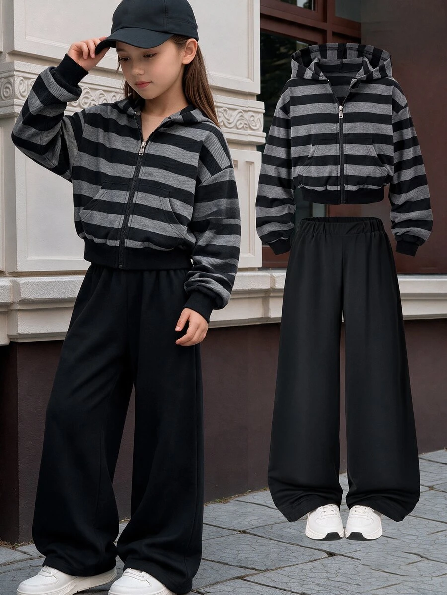 SHEIN 青少年女孩秋季穿搭上衣2件套，拉鍊連帽衫配寬腿黑色長褲，復古寬鬆針織休閒風