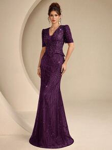 Coutiva 優雅亮片刺繡深V領二合一洋裝，附魚尾裙擺，適合正式晚宴、婚禮賓客裝、派對洋裝、新娘母親婚禮禮服及畢業典禮禮服 - 深紫色 - 查看 4