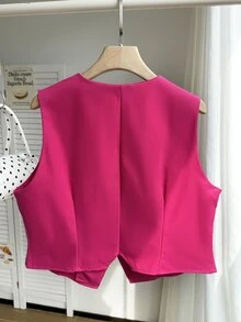 Comfortcana Chaleco de traje de color rosa de talla grande para graduación, regreso a la escuela, atuendos de maestras en otoño/invierno - Rosa Fucsia - Ver 2