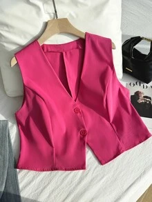 Comfortcana Chaleco de traje de color rosa de talla grande para graduación, regreso a la escuela, atuendos de maestras en otoño/invierno - Rosa Fucsia - Ver 6