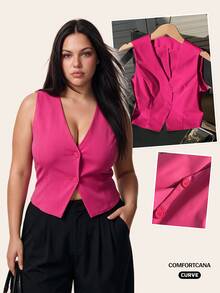 Comfortcana Chaleco de traje de color rosa de talla grande para graduación, regreso a la escuela, atuendos de maestras en otoño/invierno - Rosa Fucsia - Ver 3