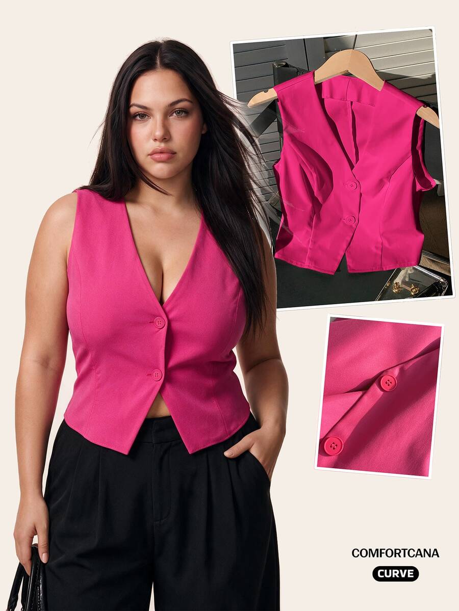 Comfortcana Chaleco de traje de color rosa de talla grande para graduación, regreso a la escuela, atuendos de maestras en otoño/invierno - Rosa Fucsia - Ver 1