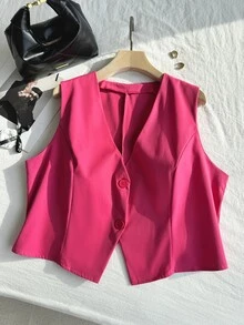 Comfortcana Chaleco de traje de color rosa de talla grande para graduación, regreso a la escuela, atuendos de maestras en otoño/invierno - Rosa Fucsia - Ver 7