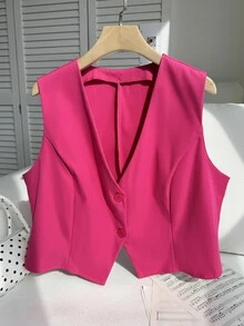 Comfortcana Chaleco de traje de color rosa de talla grande para graduación, regreso a la escuela, atuendos de maestras en otoño/invierno - Rosa Fucsia - Ver 5