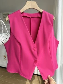 Comfortcana Chaleco de traje de color rosa de talla grande para graduación, regreso a la escuela, atuendos de maestras en otoño/invierno - Rosa Fucsia - Ver 1