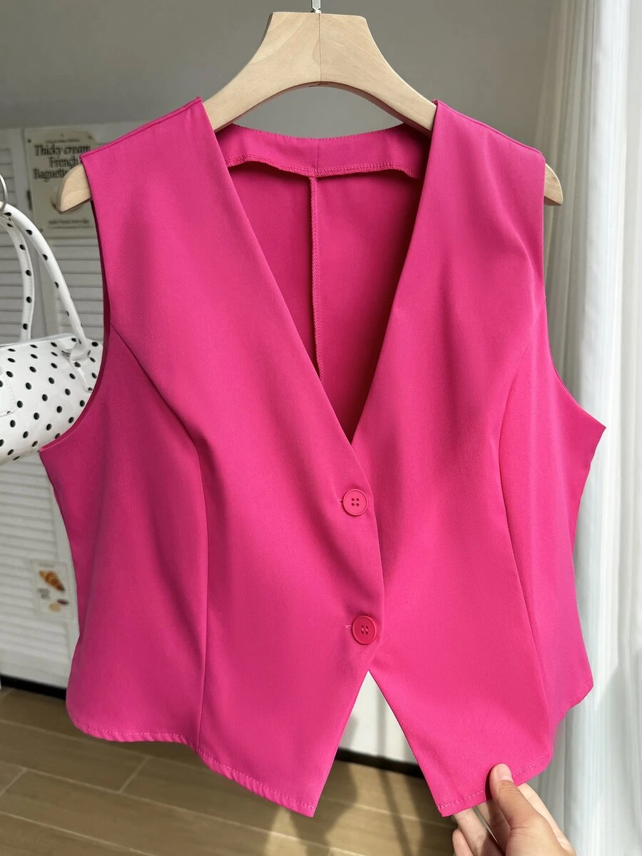 Comfortcana Chaleco de traje de color rosa de talla grande para graduación, regreso a la escuela, atuendos de maestras en otoño/invierno - Rosa Fucsia - Ver 1