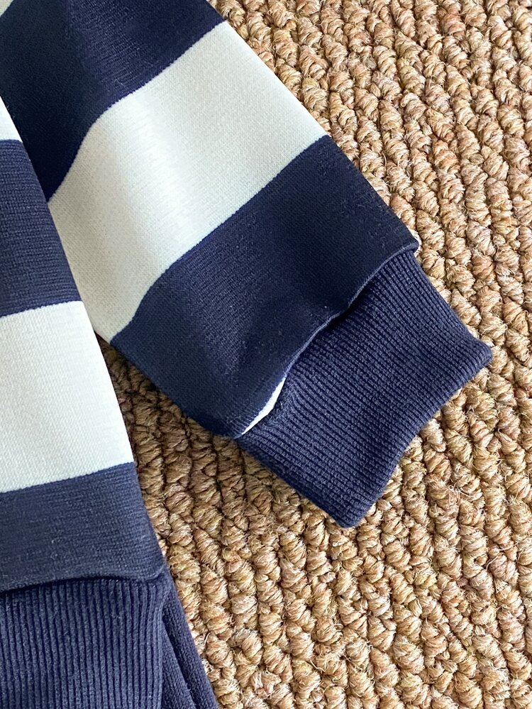 SHEIN Playful Pals 2pcs/Set Infant Baby Boy Navy And White Colorblock Striped Long Sleeve Top With Cute Bear Graphic Solid Pants Autumn Casual Family Matching Outfit - Blue - View 7