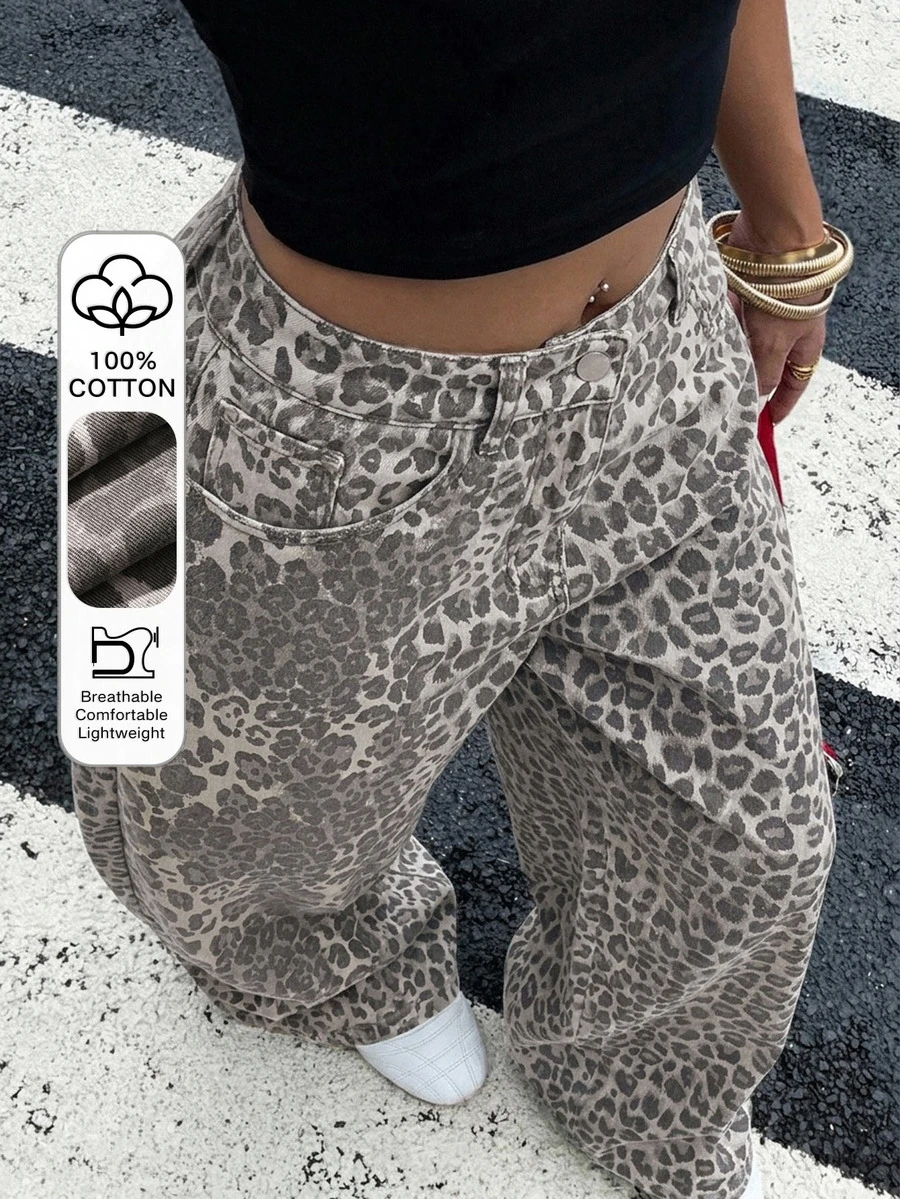 DAZY Summer Autumn High Waist Leopard Print Loose Straight Leg Wide Leg Grey Pure Cotton Washed Casual Women's Jeans Y2K - Grey - View 1