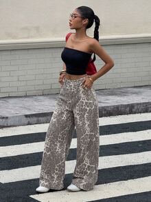 DAZY Summer Autumn High Waist Leopard Print Loose Straight Leg Wide Leg Grey Pure Cotton Washed Casual Women's Jeans Y2K - Grey - View 3