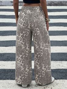 DAZY Summer Autumn High Waist Leopard Print Loose Straight Leg Wide Leg Grey Pure Cotton Washed Casual Women's Jeans Y2K - Grey - View 2