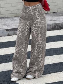 DAZY Summer Autumn High Waist Leopard Print Loose Straight Leg Wide Leg Grey Pure Cotton Washed Casual Women's Jeans Y2K - Grey - View 4